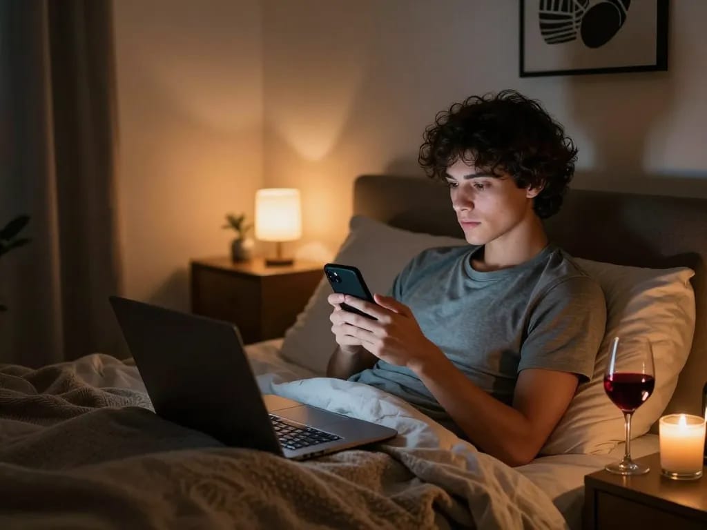 Sexting AI chat in a cozy bedroom with inviting atmosphere and modern decor.