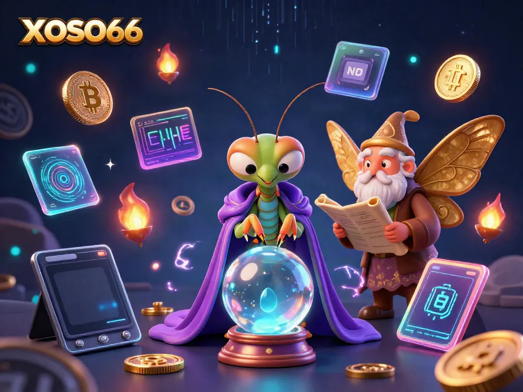 XOSO66 fortune teller scene with crypto coins and gaming elements, depicting vibrant gambling experience.