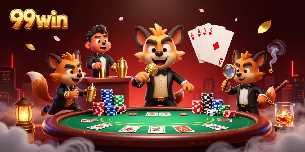 Enjoy thrilling games at 99win Casino with lively hyenas and colorful poker action.