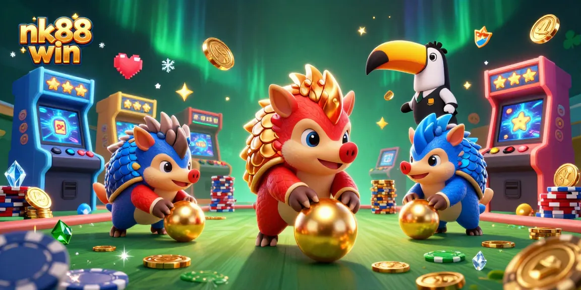 Exciting nk88 win illustration of rival pangolins in armored casino action, bowling chips and gaming elements.