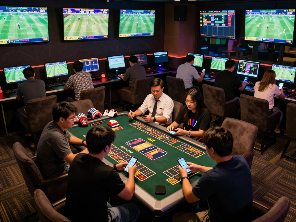 Engaged bettors analyzing odds and placing bets in a lively Thể thao vu88 sports betting lounge
