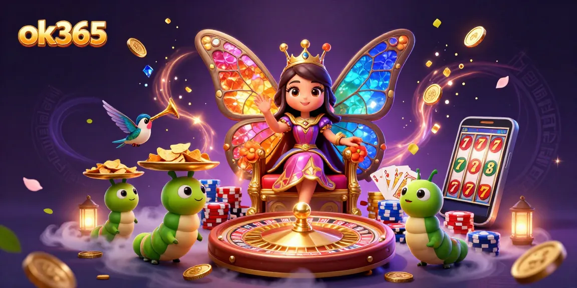 Experience the excitement of ok365 with a vibrant 3D illustration of a butterfly queen amidst casino elements and winnings.