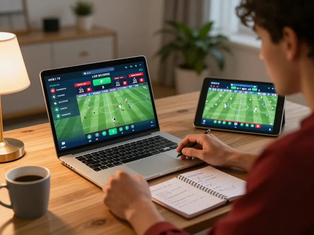 Experience bong da truc tiep while placing bets using a laptop and tablet at home.