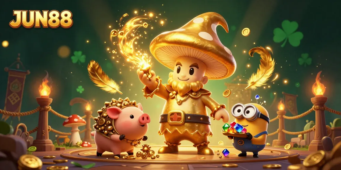 Experience the excitement of JUN88 with golden wizardry and treasures in this vibrant casino scene.
