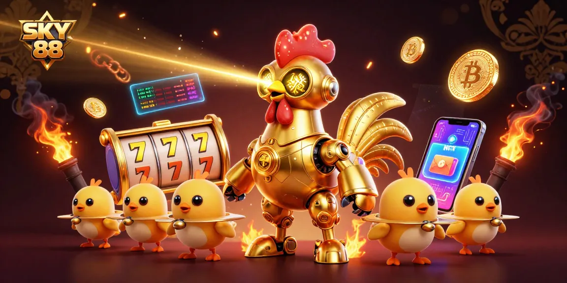 Experience thrilling jackpots at SKY 88 with a golden rooster robot and dynamic casino elements.