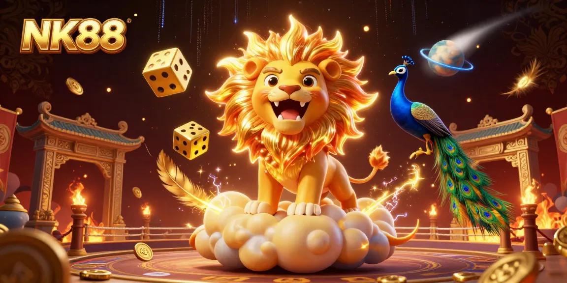 Experience the excitement of NK88 with a vibrant 3D casino scene featuring a roaring lion and golden dice.