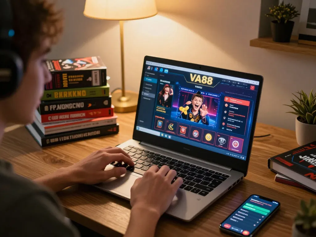 Engaged player using VA88 online casino platform from home while surrounded by gaming strategies.