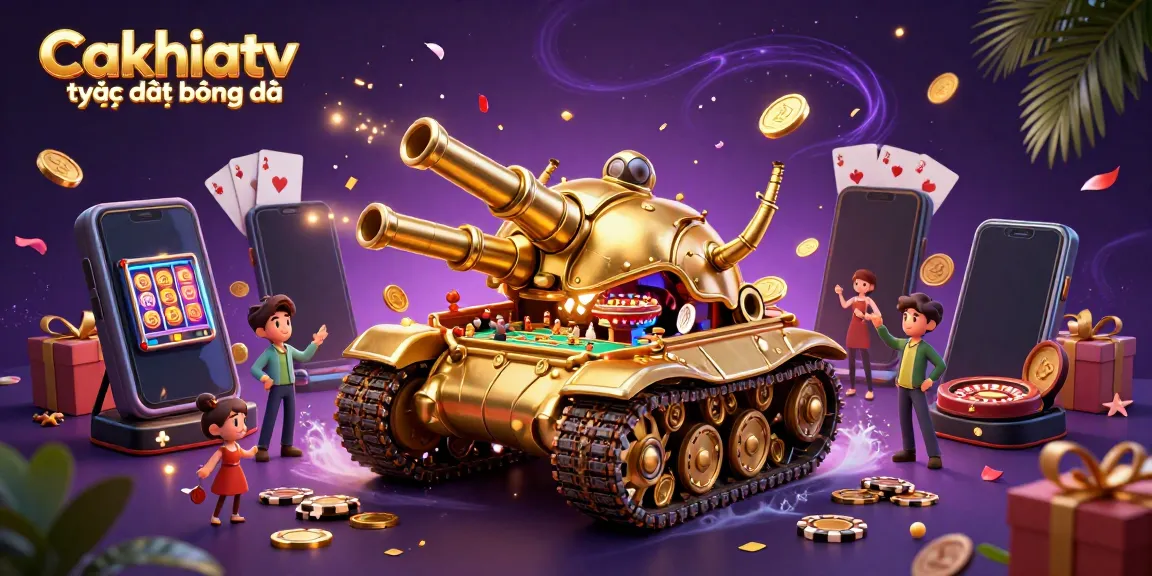 CakhiaTV trực tiếp bóng đá scene with a golden beetle tank casino and animated game elements.
