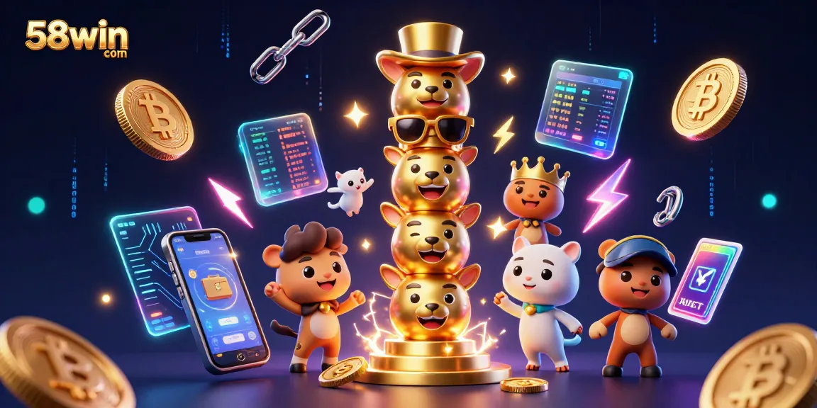 Play exciting games at 58win com, featuring rich visuals of casino elements and cryptocurrency assets.