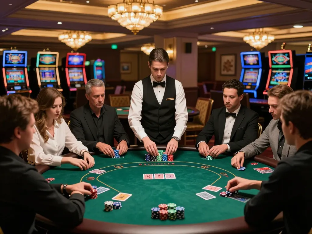 Intense poker game at RED88 casino with players and dealer in action, warm lighting and luxury decor
