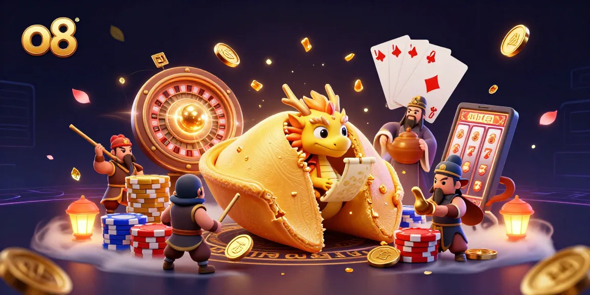 Engage in thrilling gameplay at o8 with a dynamic scene featuring a golden fortune cookie, dragon, and casino elements.