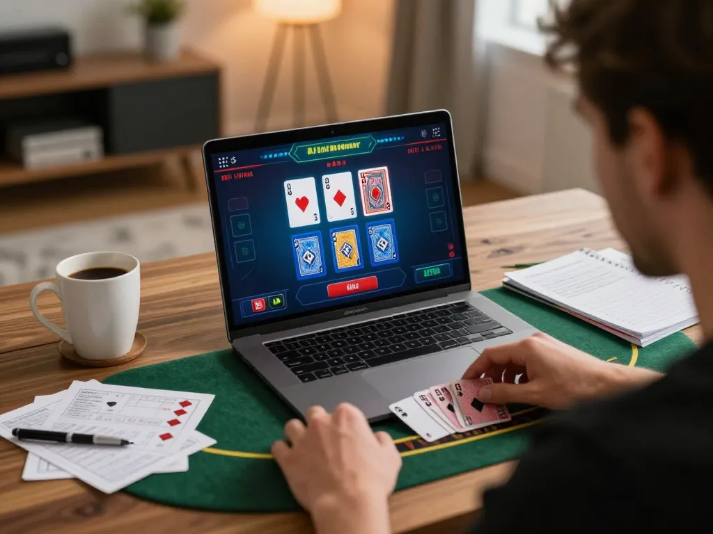 Experience high-stakes gameplay at five88bc with a player engaged in live blackjack online, strategizing with notes and coffee
