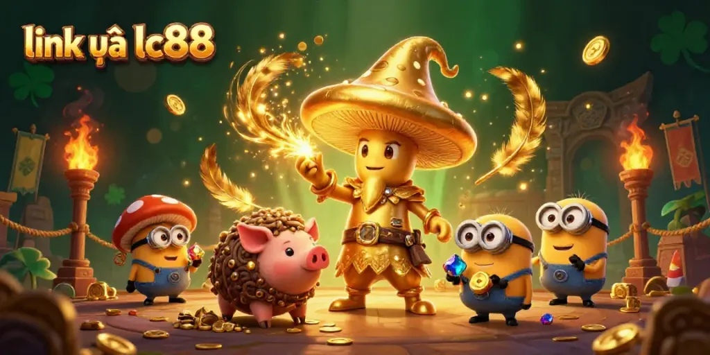 Engage with the magical world of link vào lc88 as a golden wizard transforms everything to gold amidst treasures.