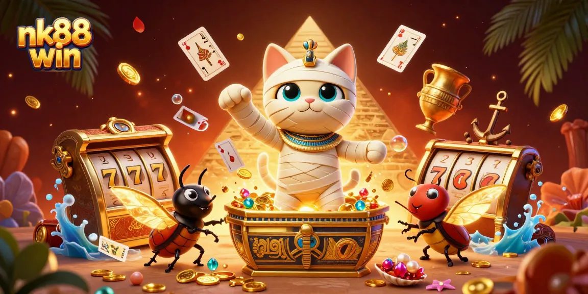 Experience the excitement of nk88 win with a vibrant 3D casino illustration featuring a mummy cat and treasures.