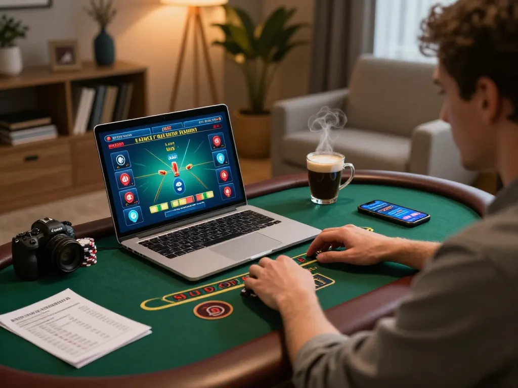 Five88 player strategizing on laptop during live blackjack game, highlighting home gambling atmosphere.