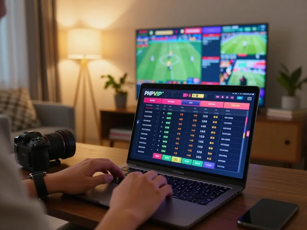 Players engaging with PHPVIP's sports betting interface on a cozy home setup, showcasing an immersive gambling experience