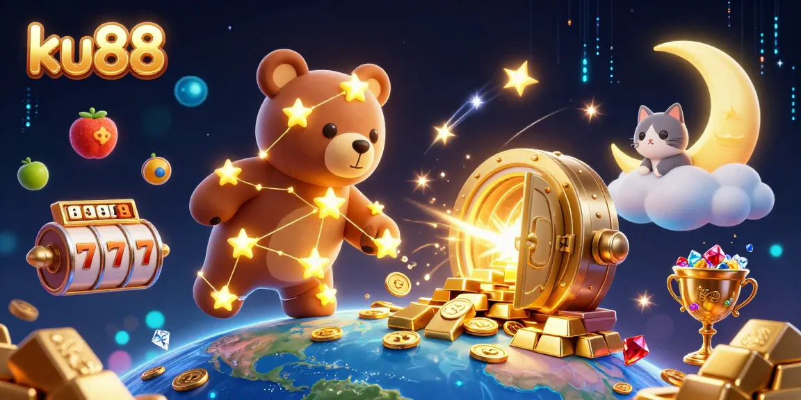 Engage with ku88's vibrant casino world where constellation bear scoops coins amidst jackpots and riches.