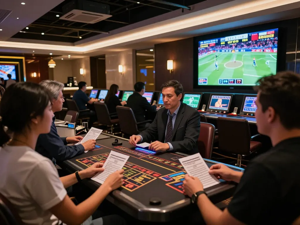 Excited sports bettors analyzing live games at the SC88 betting area in a casino.