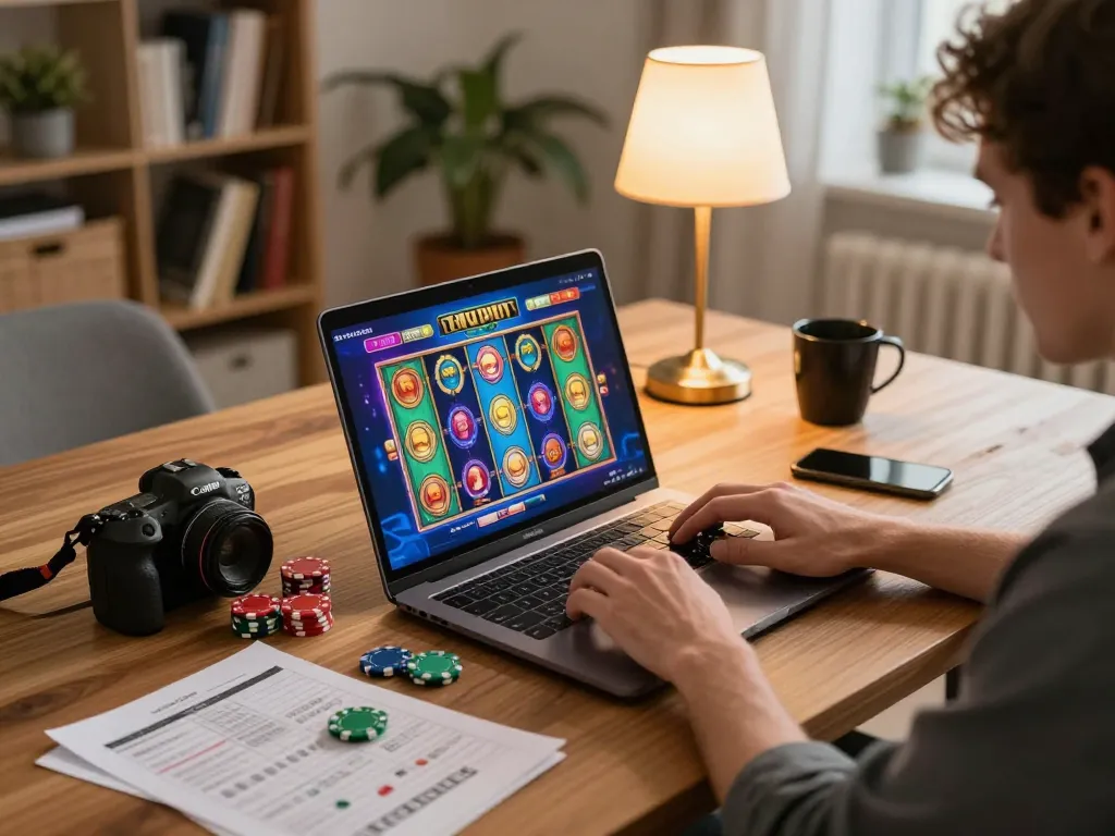 Players enjoying DEBET slot games on a laptop, showcasing an active gaming session with colorful visuals
