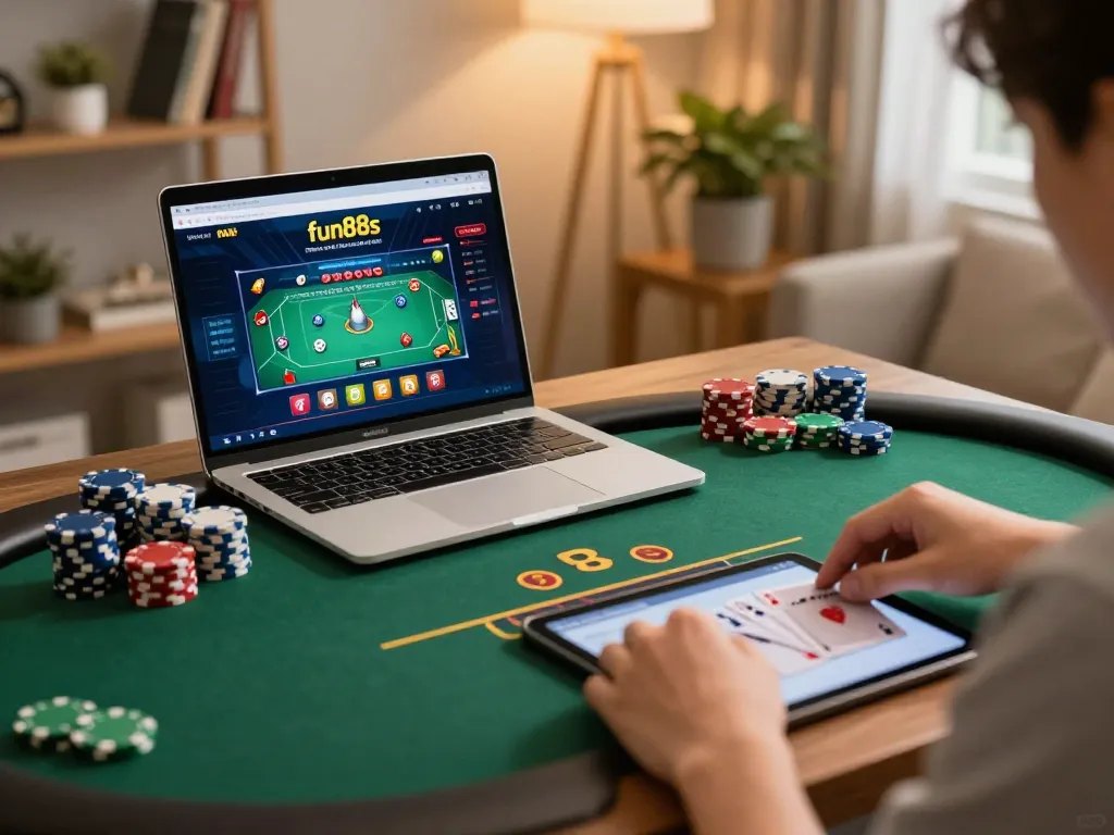 Engaging home gaming session on fun88s platform with poker game visible on laptop screen.