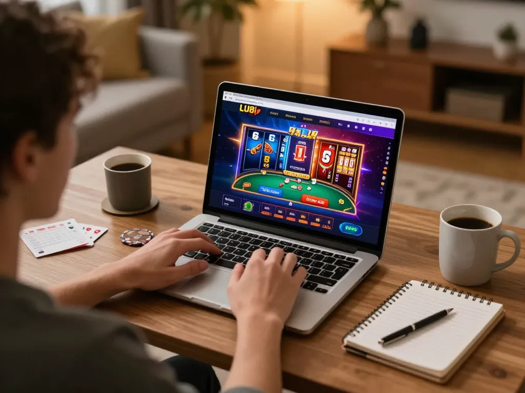 User engaging with LU88 online casino platform on a laptop, highlighting fun gaming experience