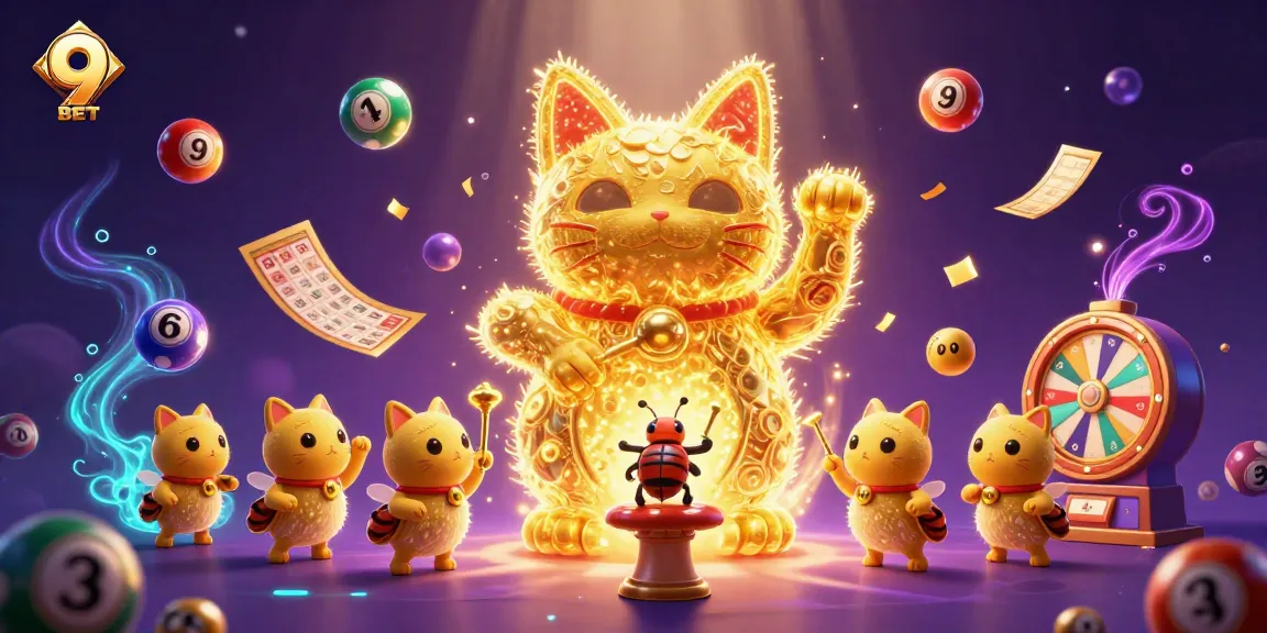 Engage with the vibrant 9 BET casino world through a magical lucky cat display and dynamic game elements.