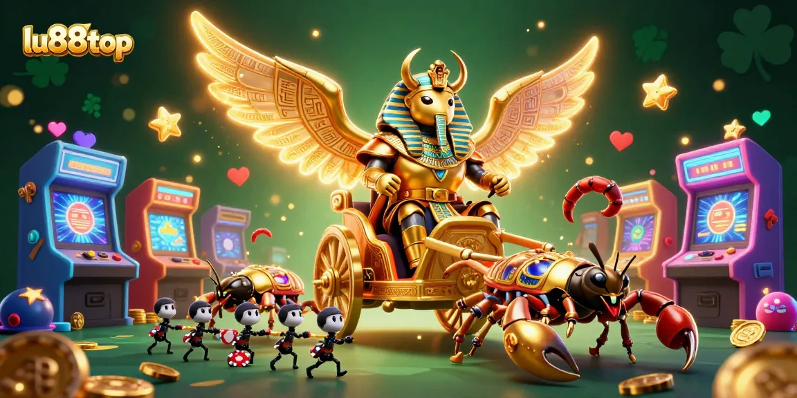 Engage with stunning games at lu88top featuring a golden scarab beetle and scorpions amidst vibrant casino elements.