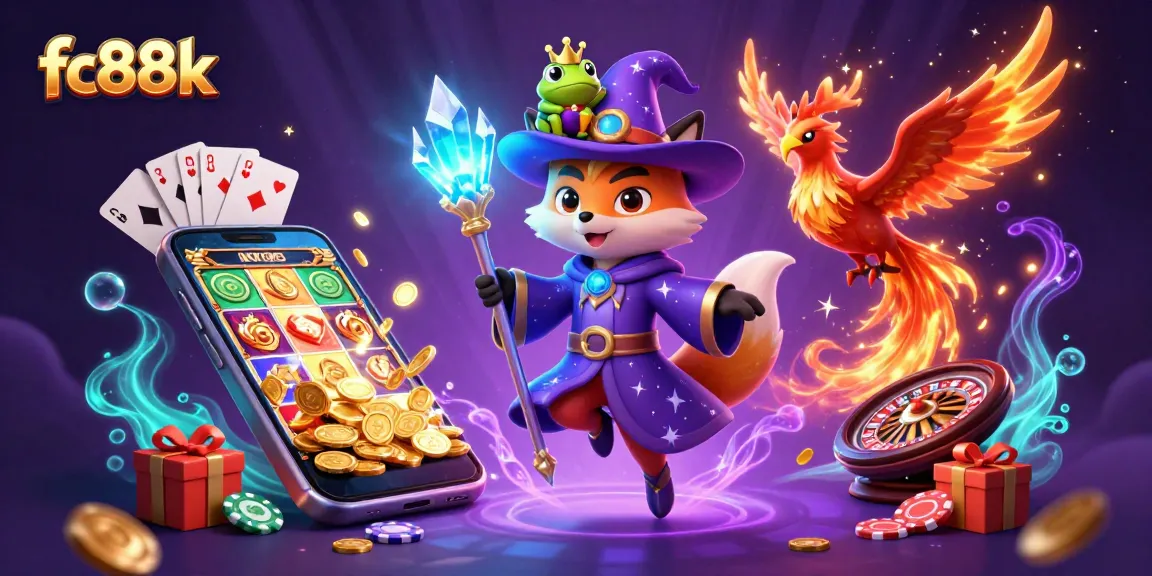 Engage with slot adventures at fc88k, featuring vibrant 3D wizard fox and casino elements.