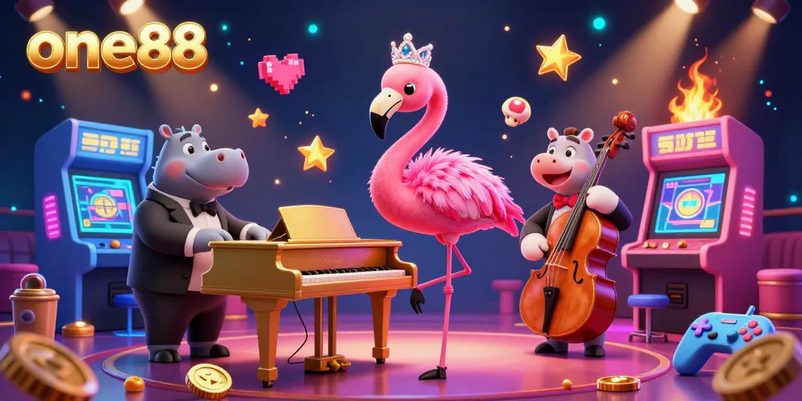 Engage with one88's vibrant casino scene featuring a flamingo pianist with a hippo bassist and game elements.