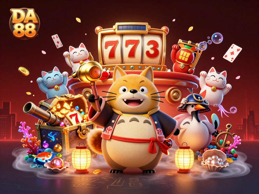 Engage with DA 88 through vivid casino-themed illustration highlighting joyful characters and dynamic slot elements.