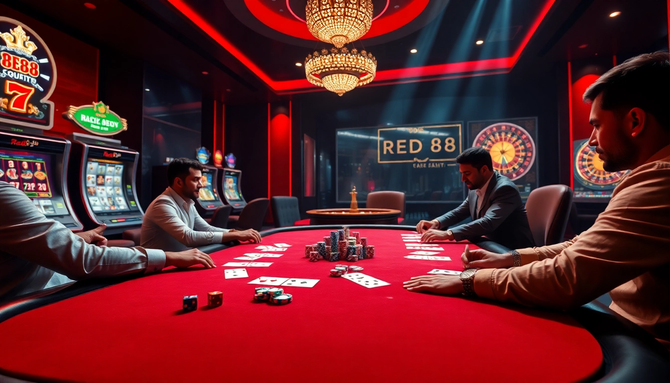 Engage in high-stakes poker at RED88's vibrant online casino, showcasing thrilling gameplay and luxury ambiance.