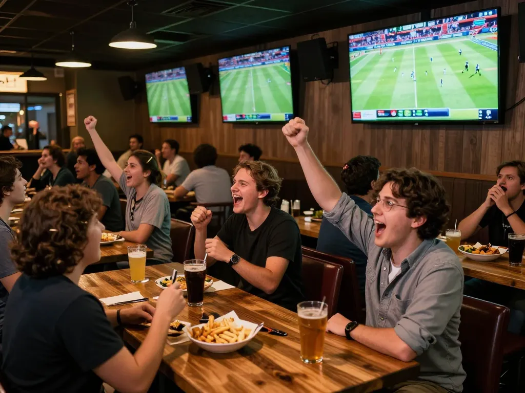 Fans enjoying bong da truc tiep in a lively sports bar, showcasing the excitement of live betting