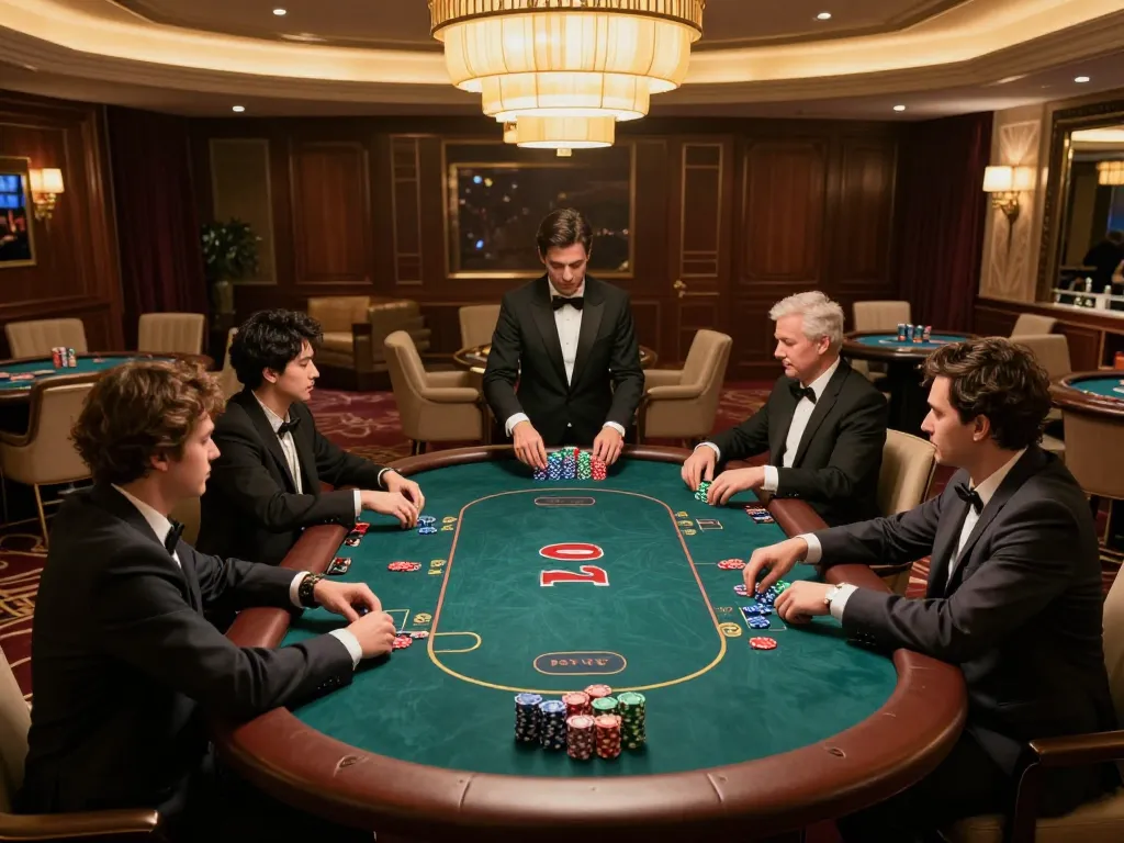 Sky88 VIP gaming area with players engaged in a high-stakes poker game, capturing luxury and excitement