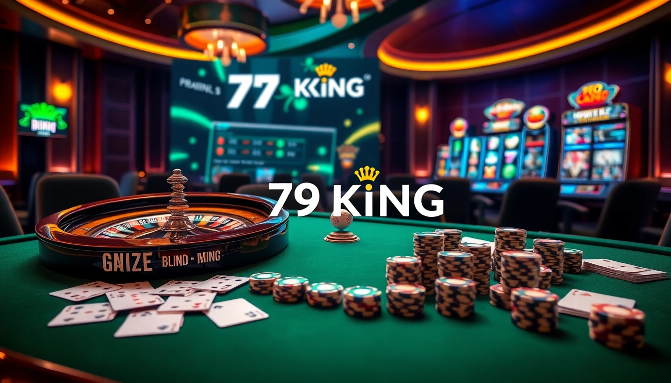 Experience the thrill of 79KING with luxurious casino elements like chips and a roulette wheel.