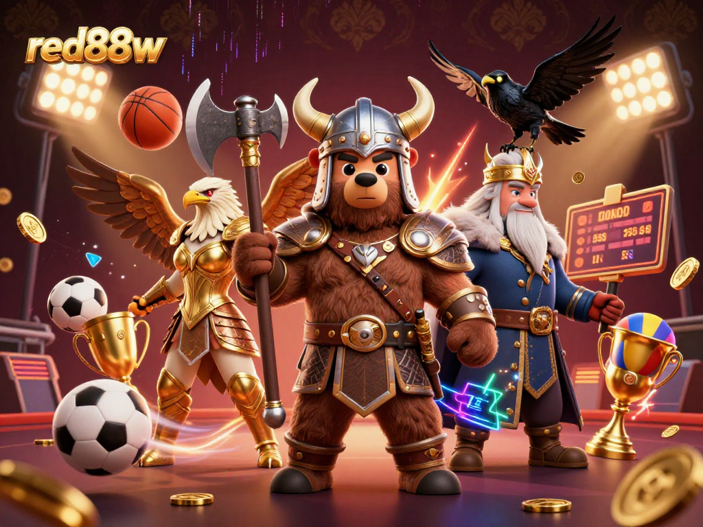 Bet big with red88w in this dynamic 3D illustration showcasing exhilarating sports betting elements.