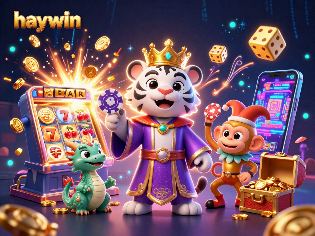 Play the exciting games at haywin with vibrant characters like a tiger and monkey surrounded by casino themes.