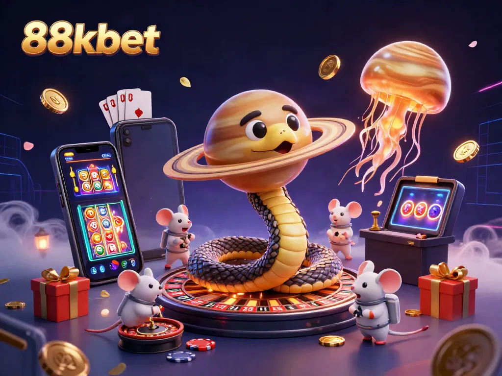 Experience thrilling bets with 88kbet featuring a cosmic casino scene with engaging characters and energetic elements.
