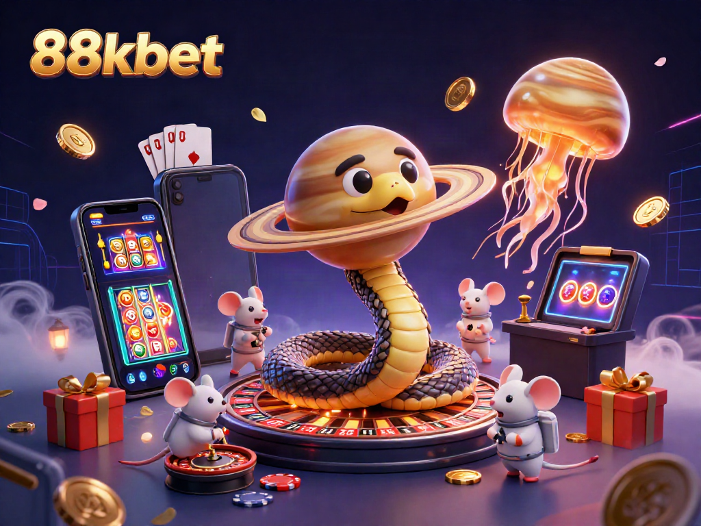 Experience thrilling bets with 88kbet featuring a cosmic casino scene with engaging characters and energetic elements.