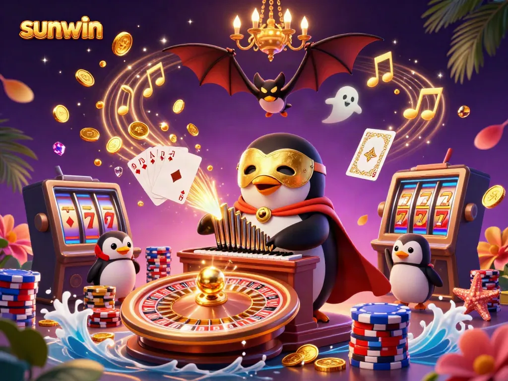 Engage with thrilling adventures at sunwin featuring a penguin playing an organ surrounded by golden coins.
