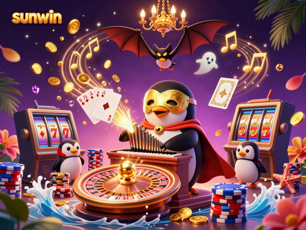 Engage with thrilling adventures at sunwin featuring a penguin playing an organ surrounded by golden coins.