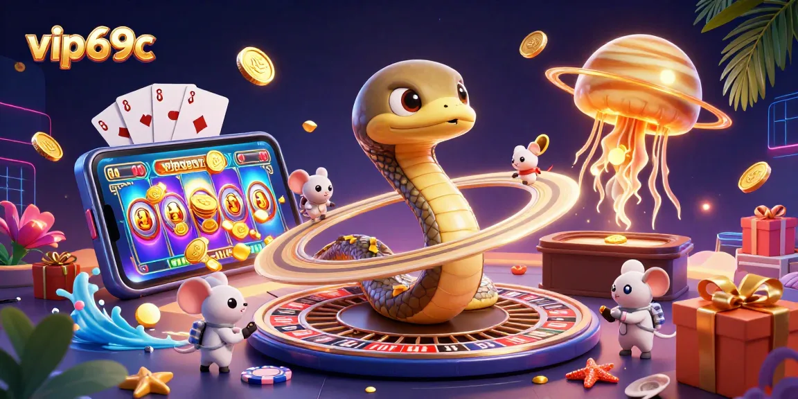 Place exciting bets with vip69c while enjoying a cosmic casino adventure featuring a Saturn ring snake and astronaut mice.
