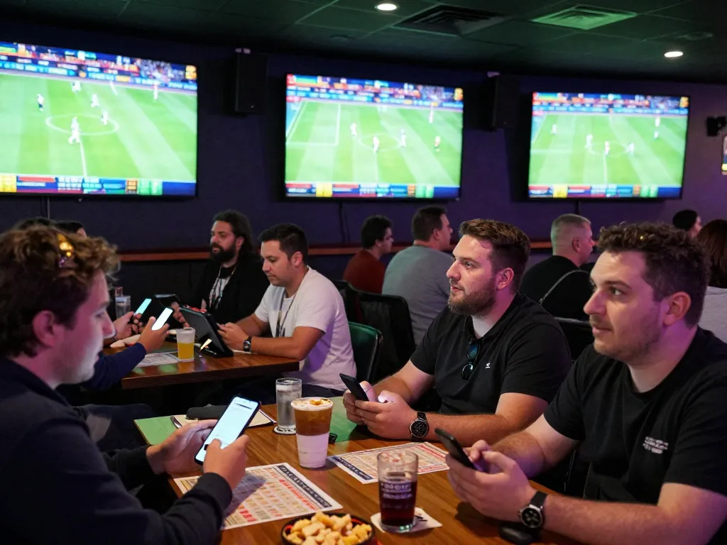 Betting on bong da truc tiep in a lively sports bar filled with excited fans and screens