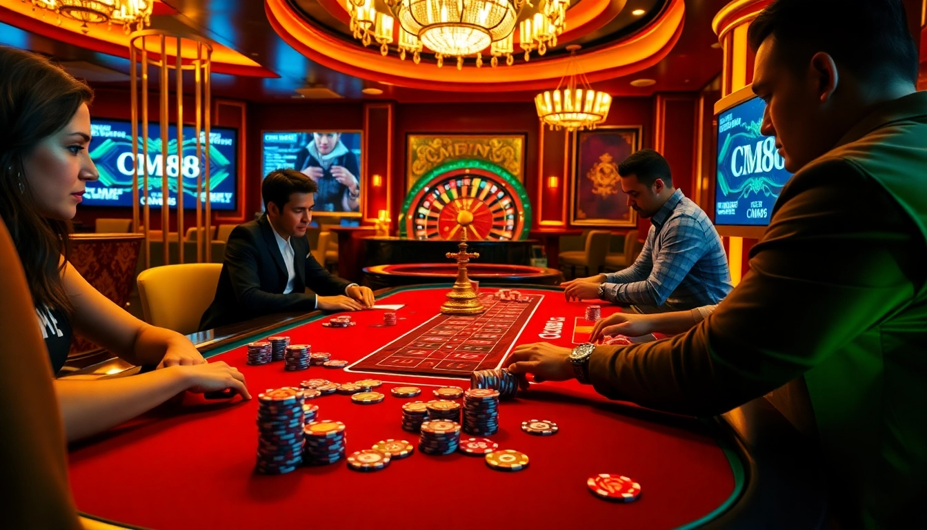 Engage with CM88 at a glamorous casino table with poker chips and cards, creating excitement.