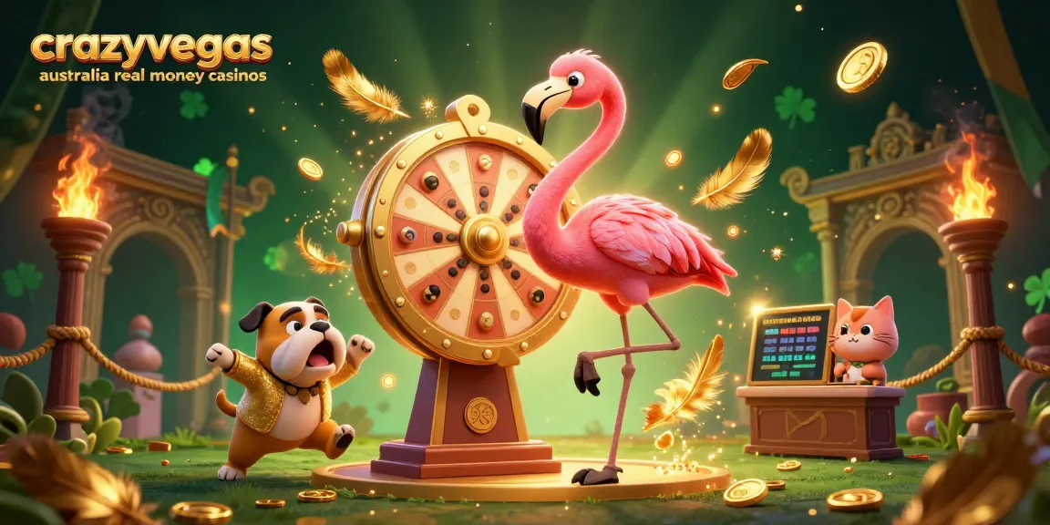 Exciting illustration showcasing crazyvegas australia real money casinos with vibrant game elements and animated characters.