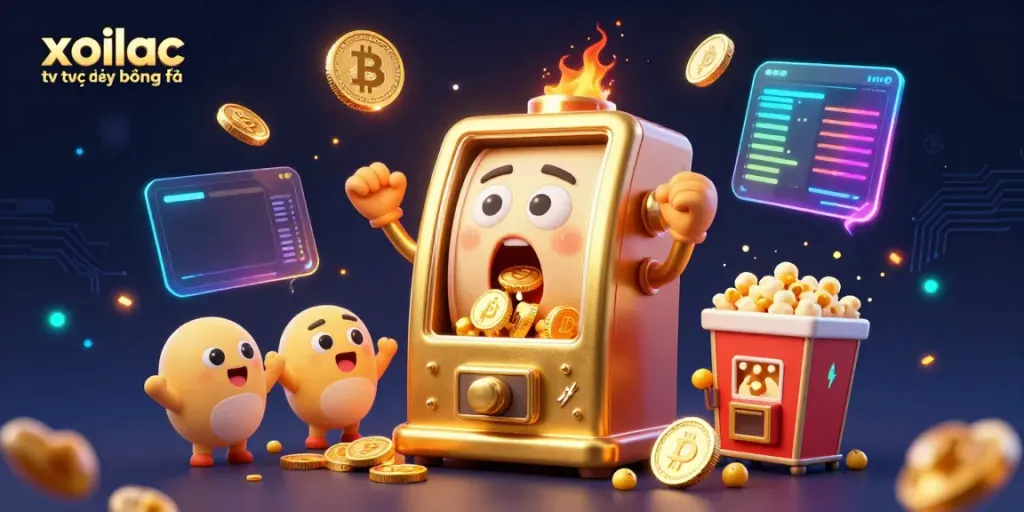 Xoilac tv trực tiếp bóng đá scene of a golden slot machine winning, surrounded by cheering machines and glowing cryptocurrency.