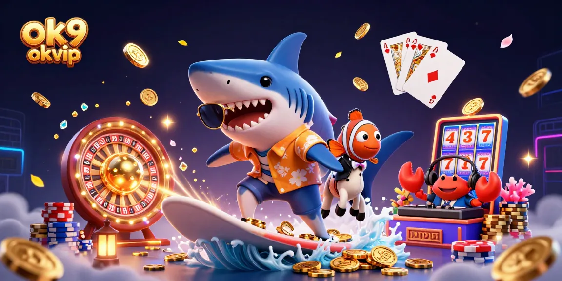 Experience ok9 okvip action with a vibrant 3D illustration of a casino-themed surfing shark.