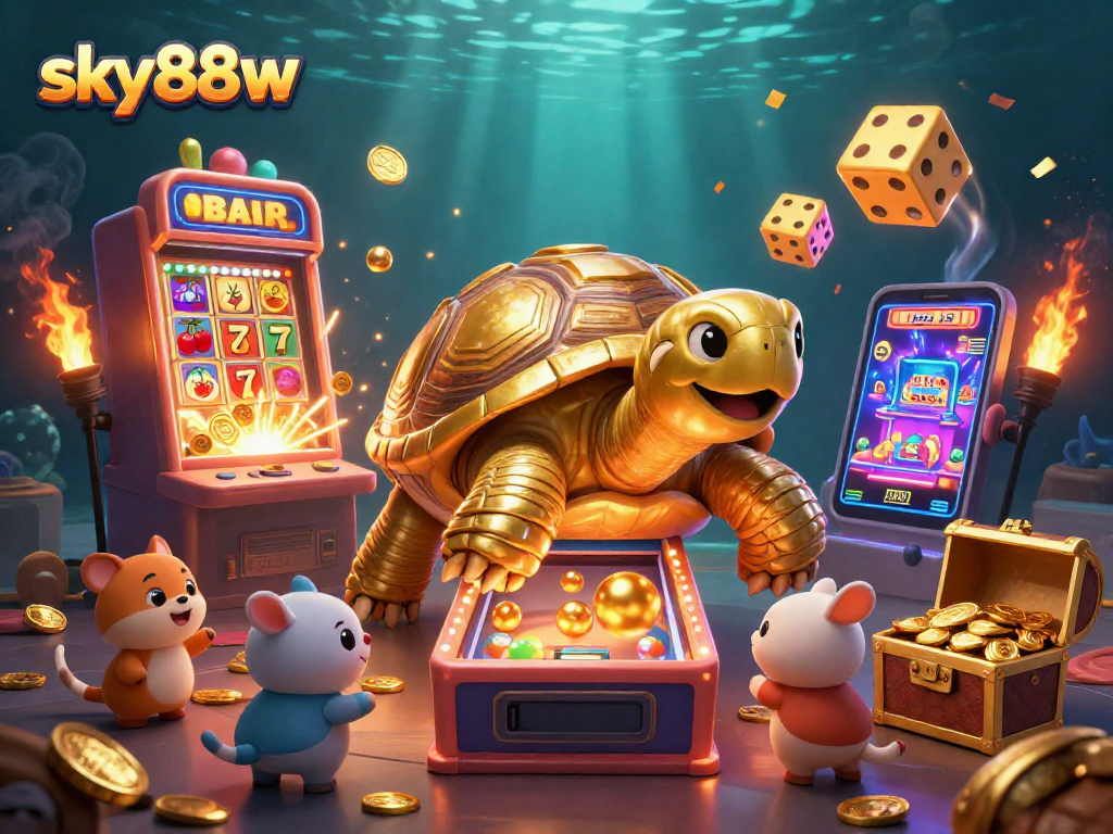 Join the fun with sky88w, featuring an exciting golden tortoise machine and vibrant casino elements.