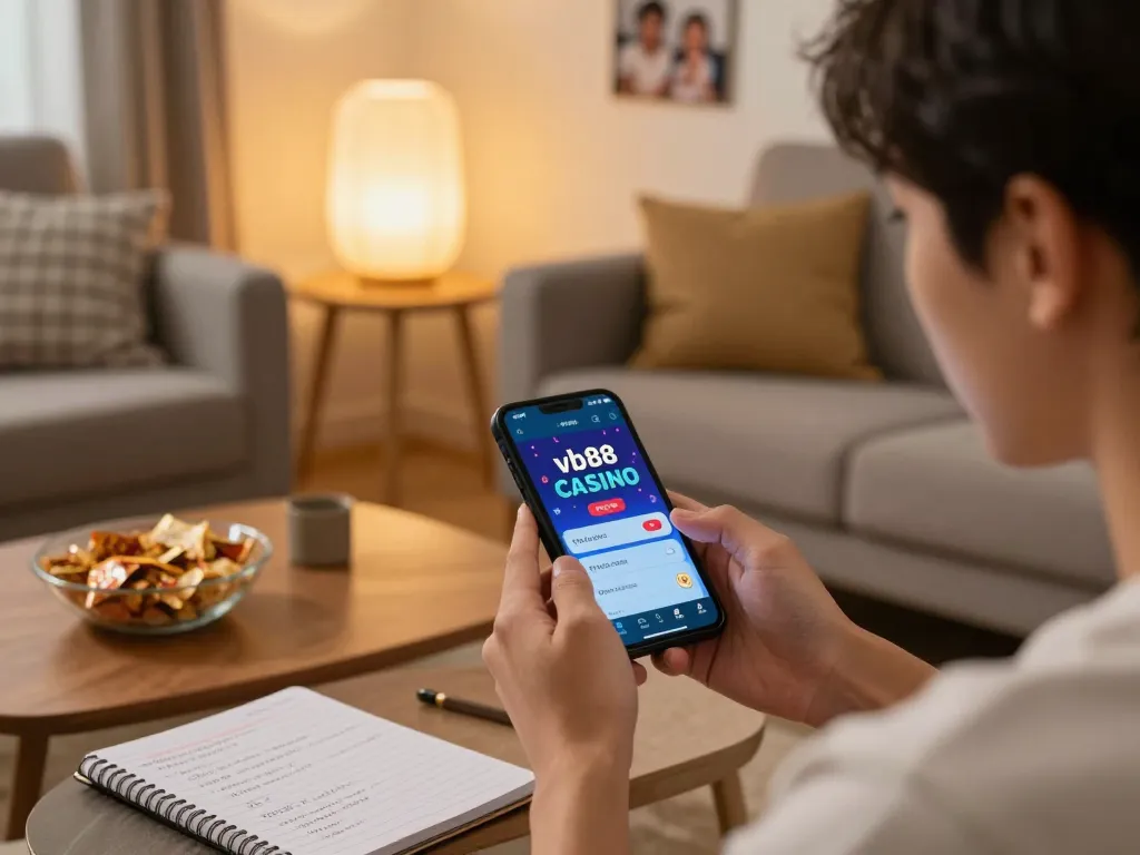 Player actively engaging with the vb88 casino app on a smartphone in a cozy living room.