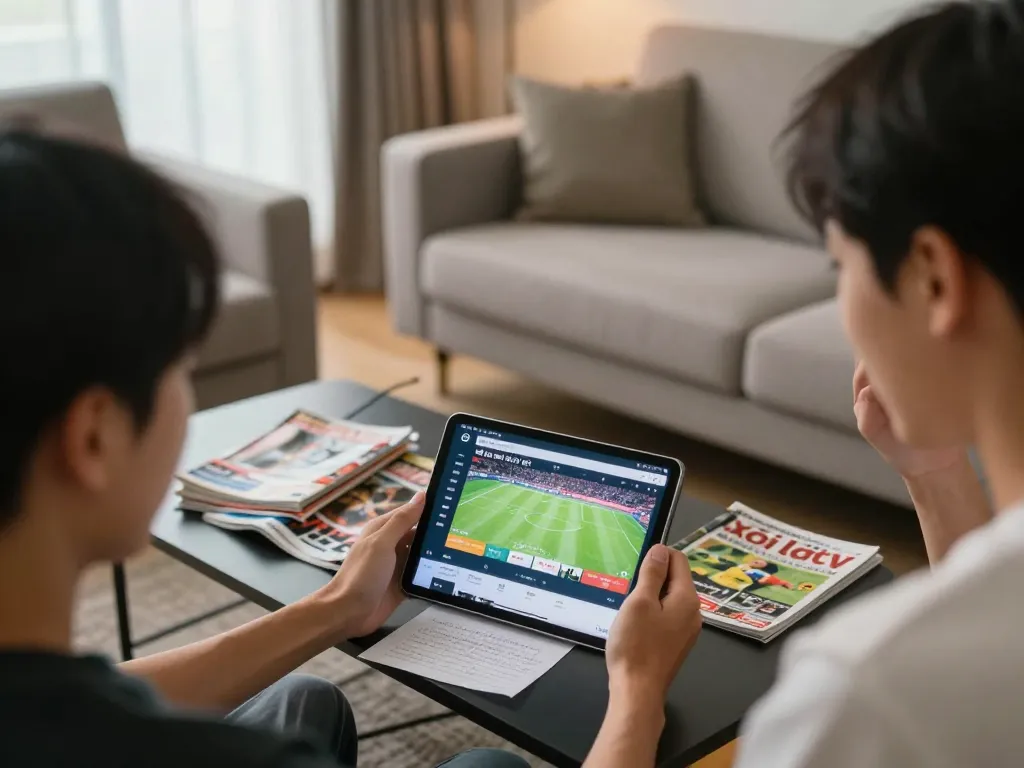 Engaged viewer following live sports on xôi lạc tv on tablet, demonstrating immersive online gaming experience