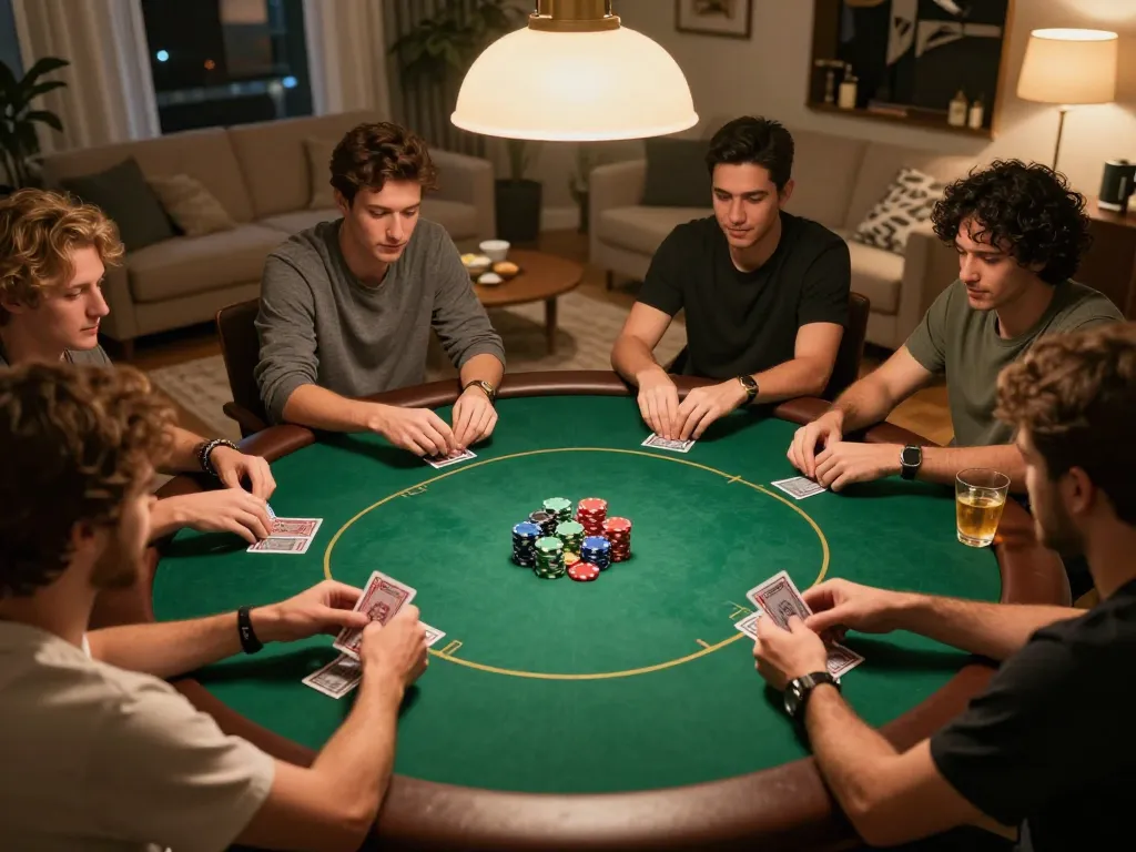 SIN88 poker night with friends playing Texas Hold'em around a green felt table, showcasing intense gameplay.
